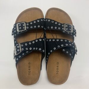 Torrid Black Sandals Slides Silver Buckles Grommets Wide Width 8 Brand New